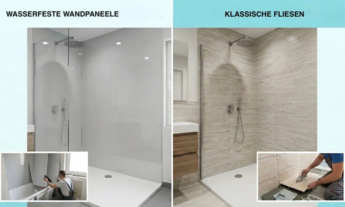 Vergleich für die Badsanierung: Moderne fugenlose Wandpaneele und klassische Fliesen für Ihr neues Badezimmer in Wien und NÖ mit optimierter, sanfter Beleuchtung von EMA Installationen.