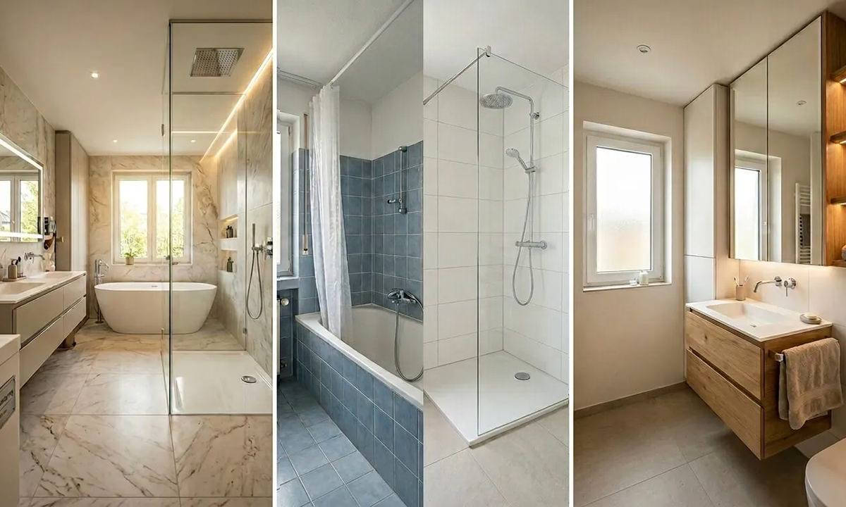 Collage unserer Leistungen zur Badsanierung in Wien und NÖ: Komplettsanierung, Teilsanierung nach dem Konzept "Wanne raus, Dusche rein" sowie smarte Lösungen für kleine Badezimmer von EMA Installationen.