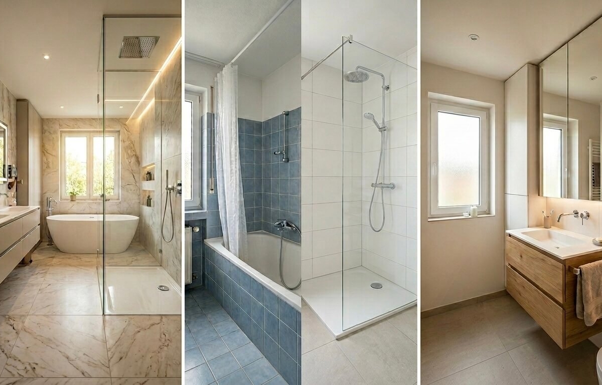 Collage unserer Leistungen rund um die Badsanierung in Wien und NÖ: Komplettsanierung, Teilsanierung und smarte Lösungen für das kleine Badezimmer von EMA Installationen.